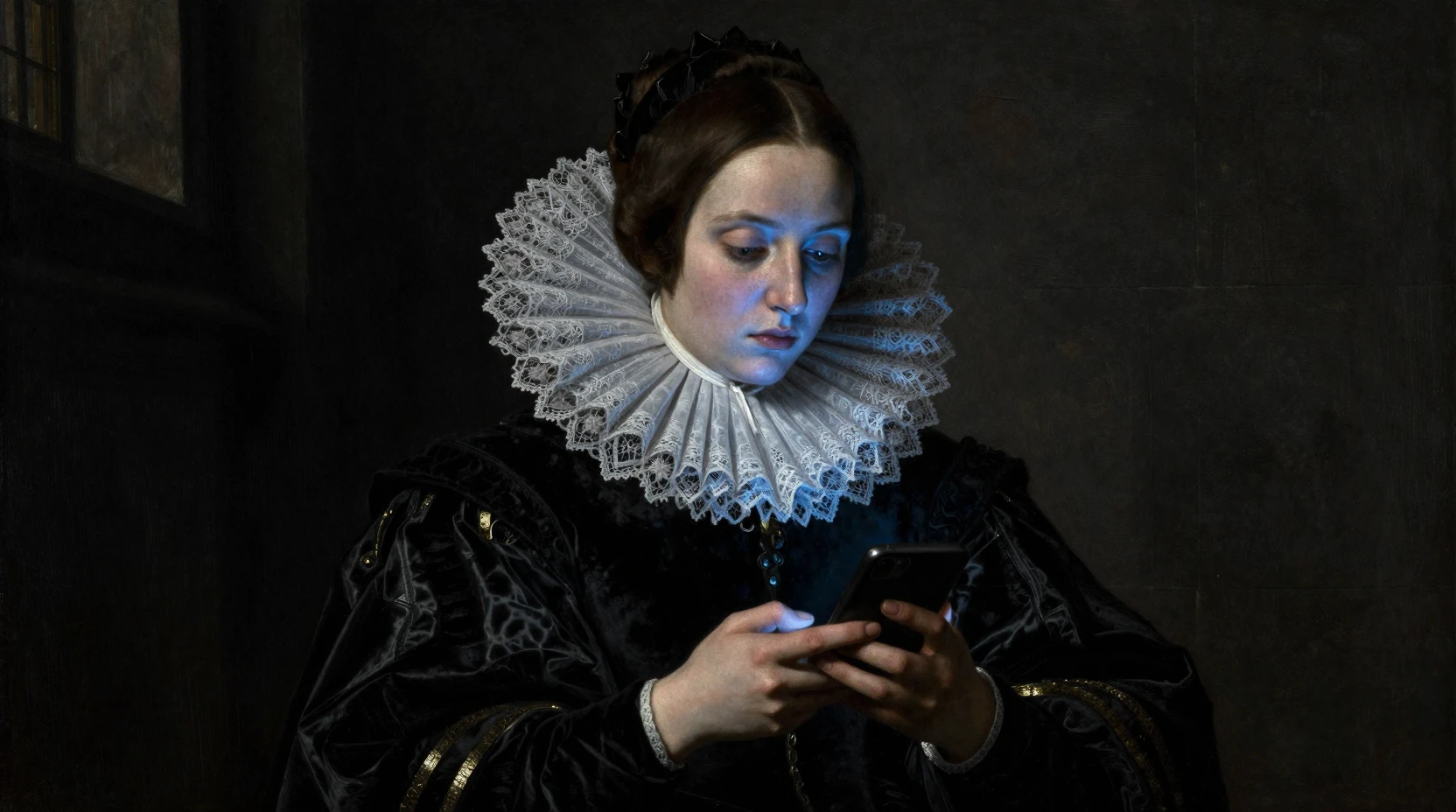 Retrato de mujer al estilo renacentista iluminado por un teléfono inteligente