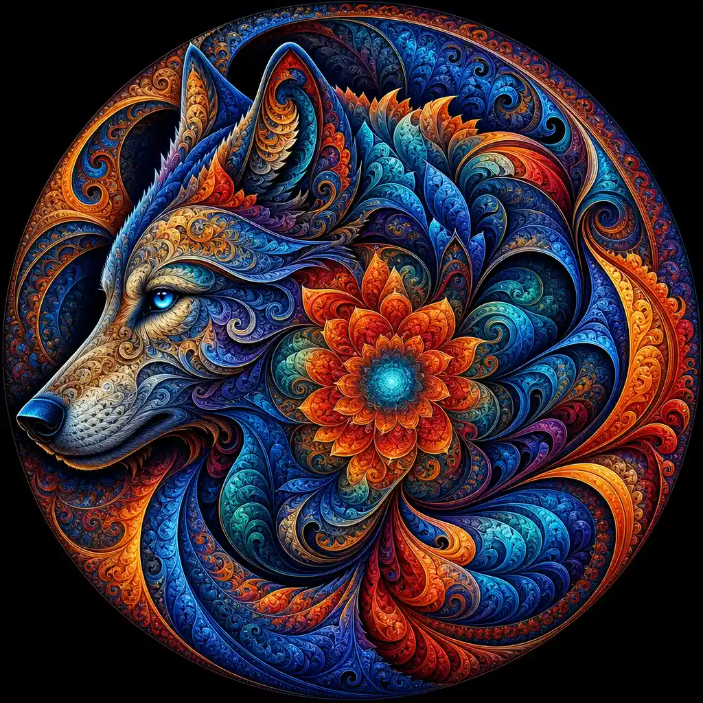 Cabeza de lobo fractal psicodélica en movimiento circular luminoso