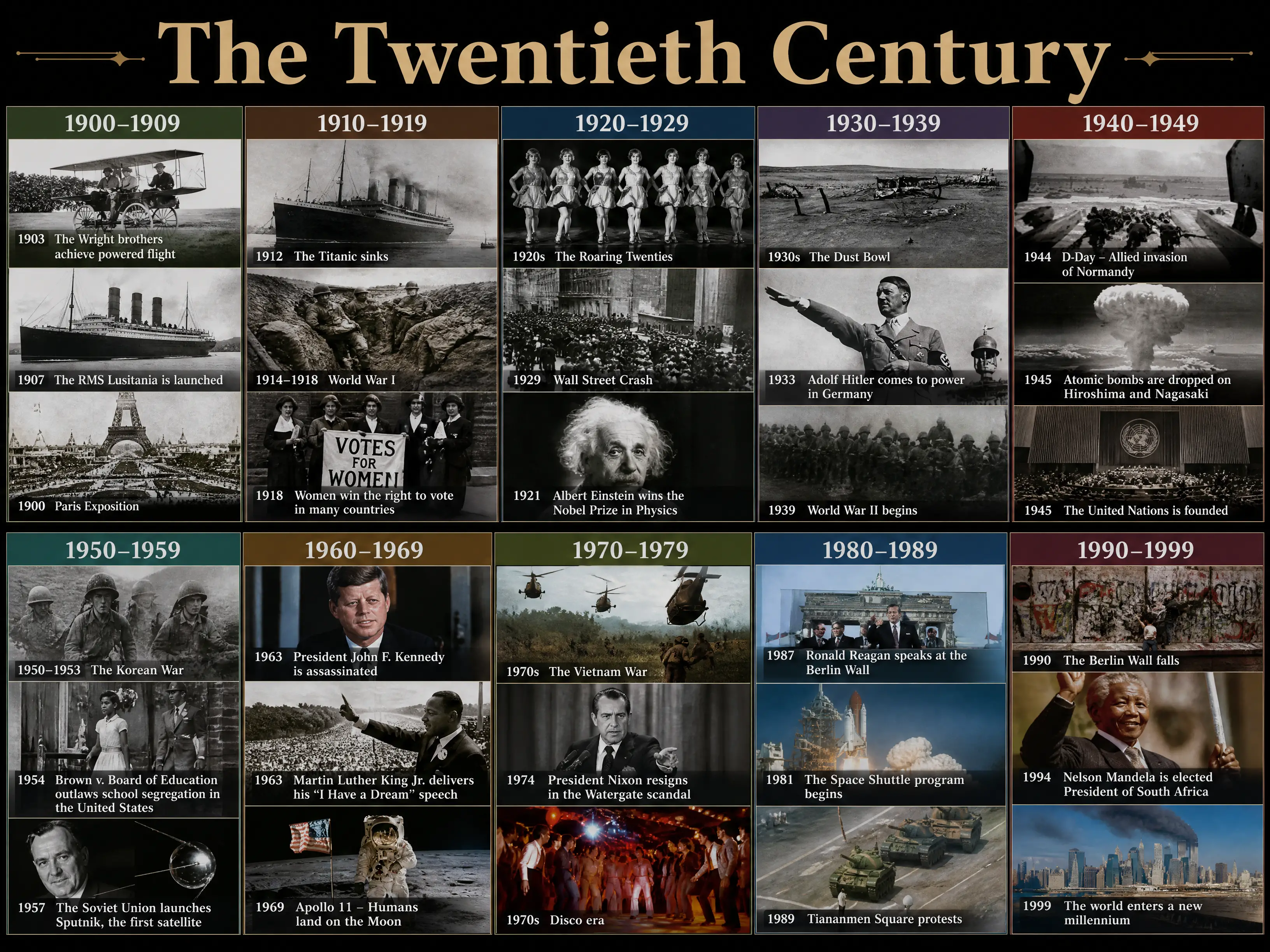 Historic montage of the twentieth century events timeline