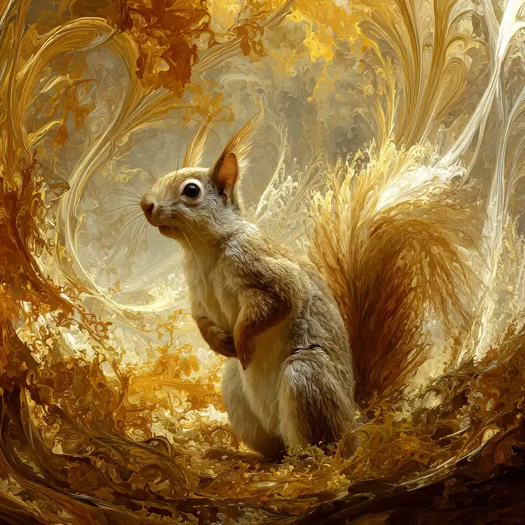 Ardilla fantasiosa en una escena onírica de bosque dorado