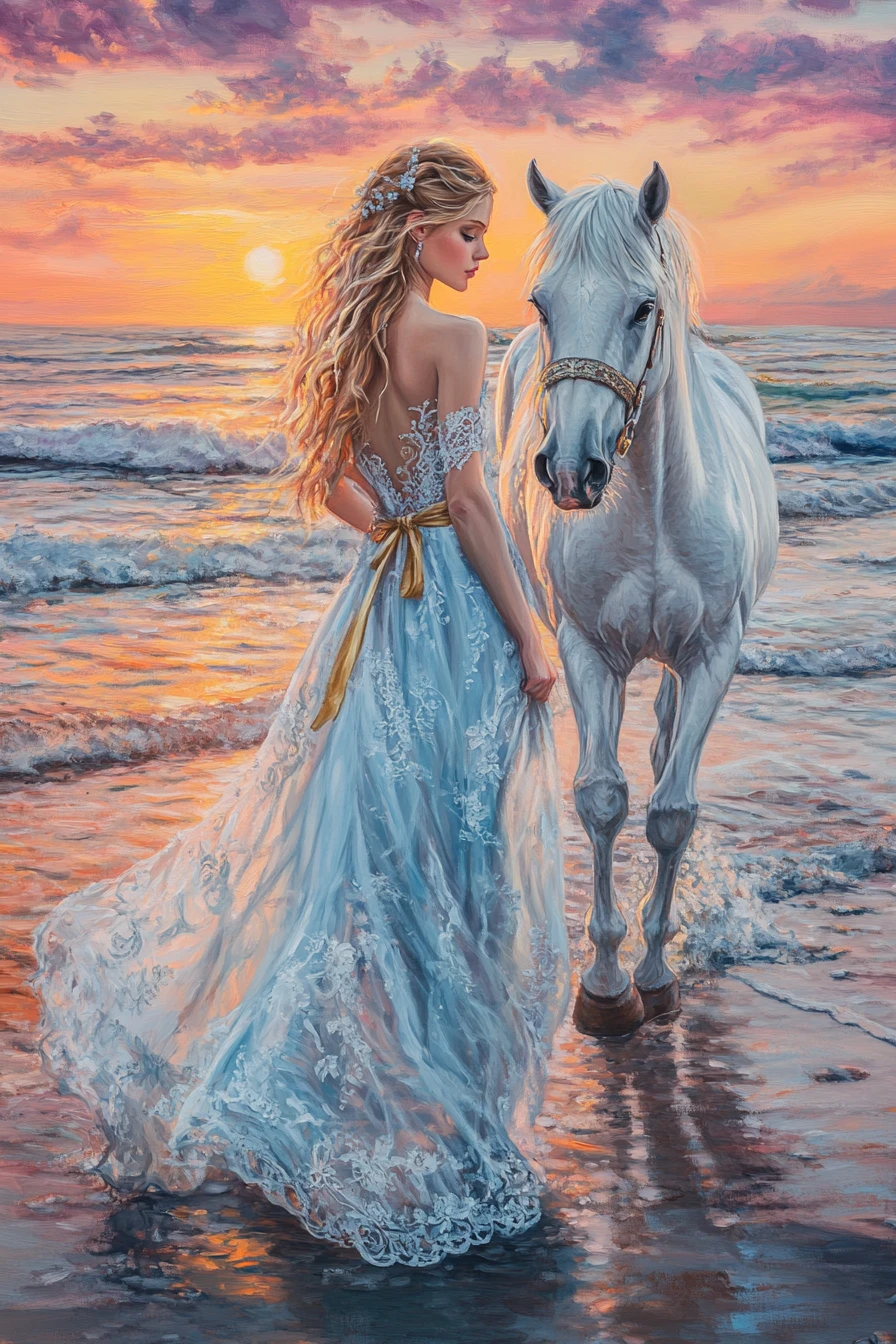 Mujer caminando con un caballo por una playa dorada al atardecer