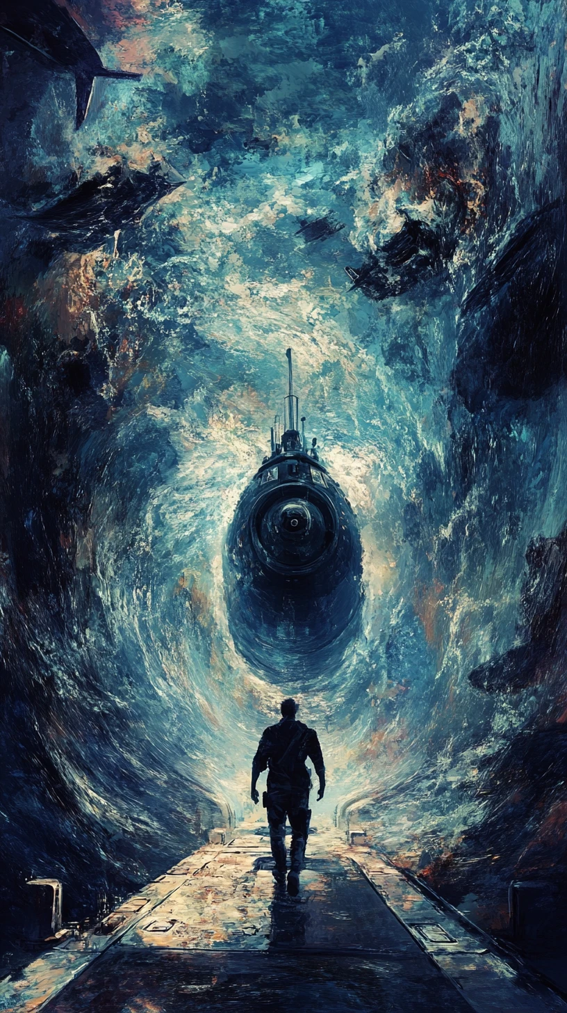 Man inside a submarine watching sonar blips underwater