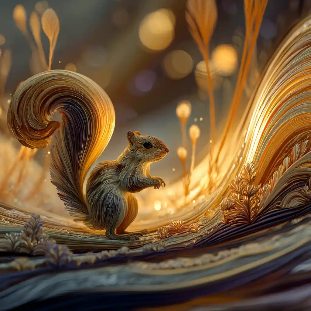 Whimsical squirrel in a glowing golden fantasy forest