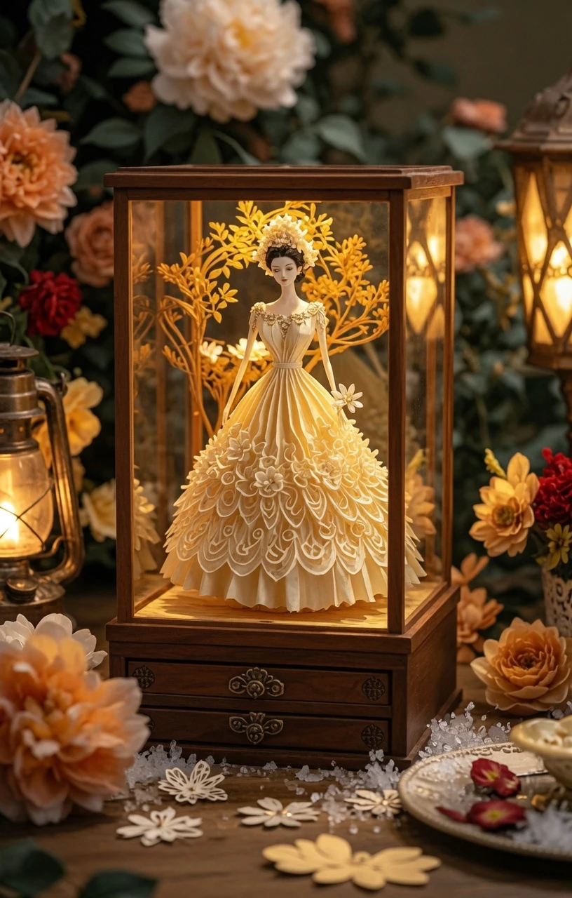 Paper art woman in gown with lantern and flowers