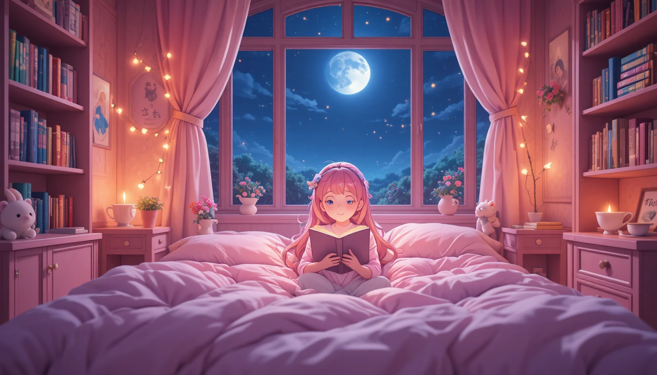 Anime girl reading in a cozy pink bedroom at night