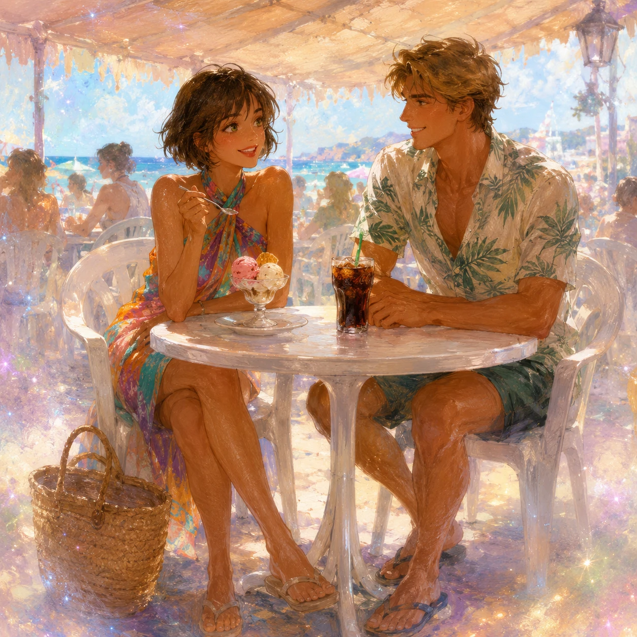 Lächelndes Paar entspannt an einem Strandcafé-Tisch