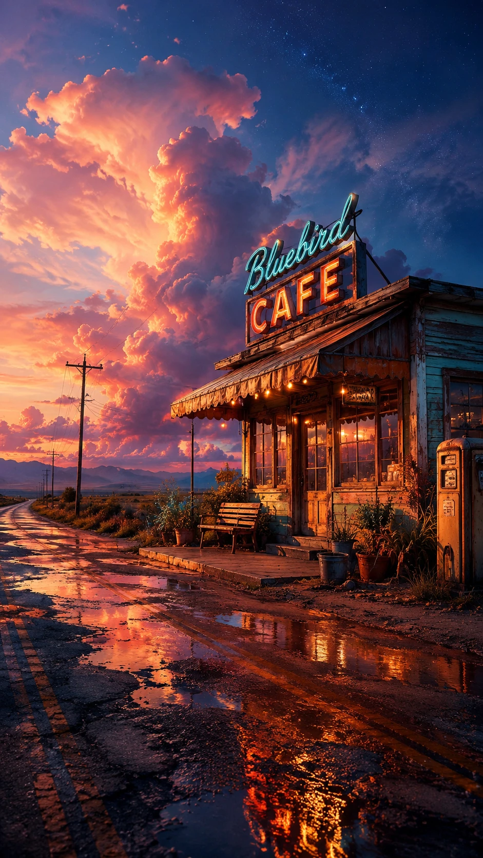 Cafetería retro al borde de una carretera rural mojada al atardecer