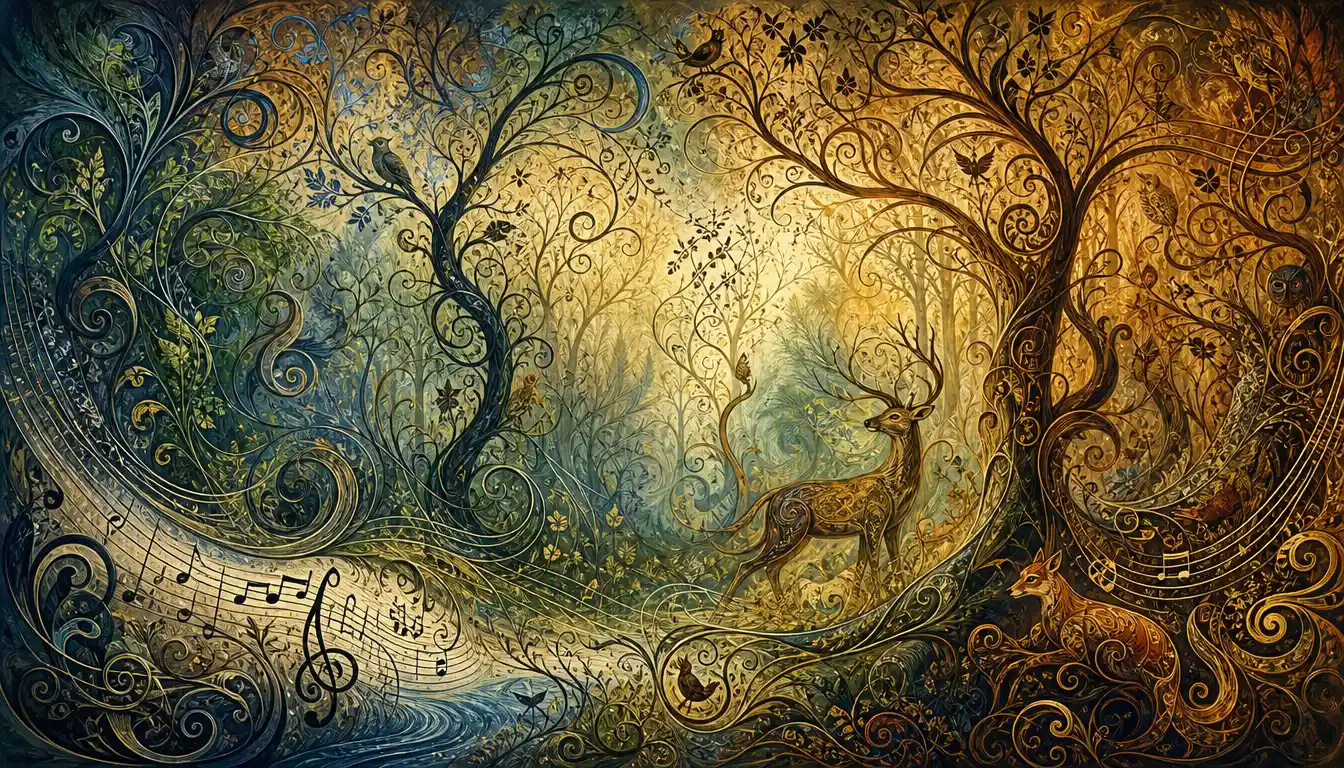 Abstract forest of musical vines and hidden animals