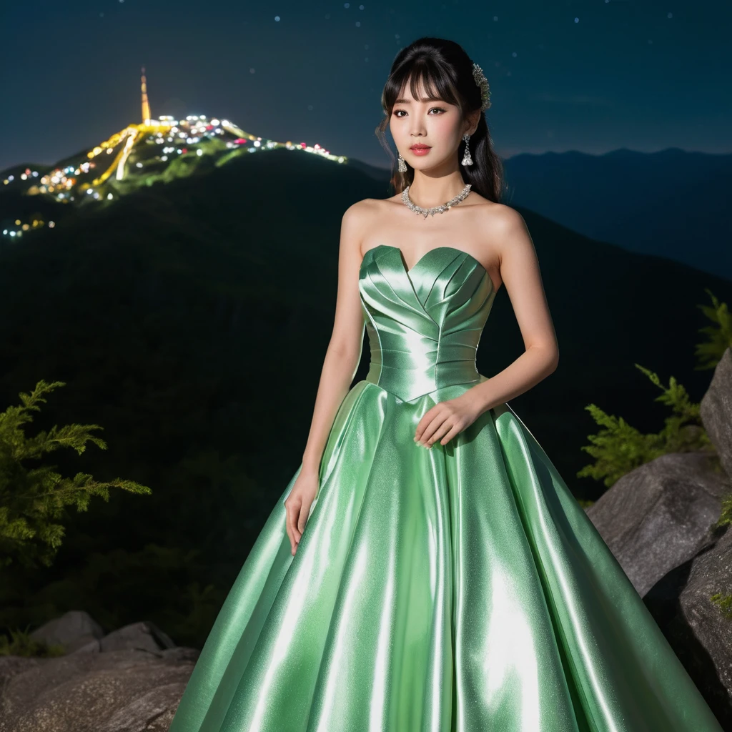 Chica japonesa elegante con vestido de satén verde de noche