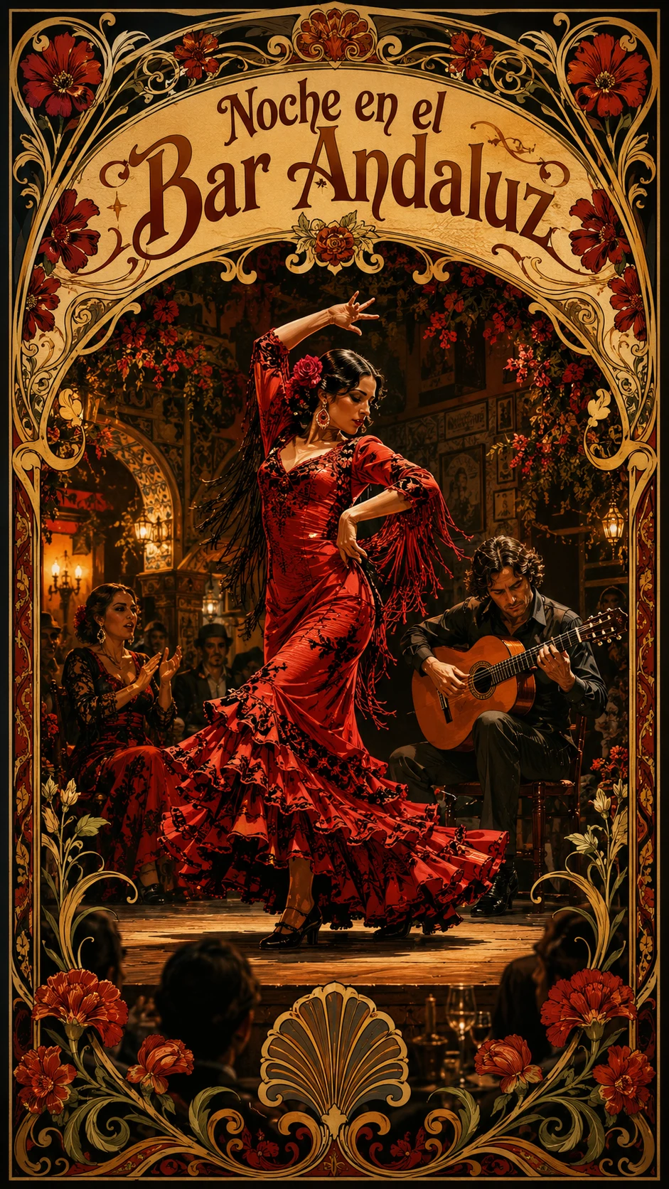 Bailarina de flamenco en el escenario de un animado bar andaluz