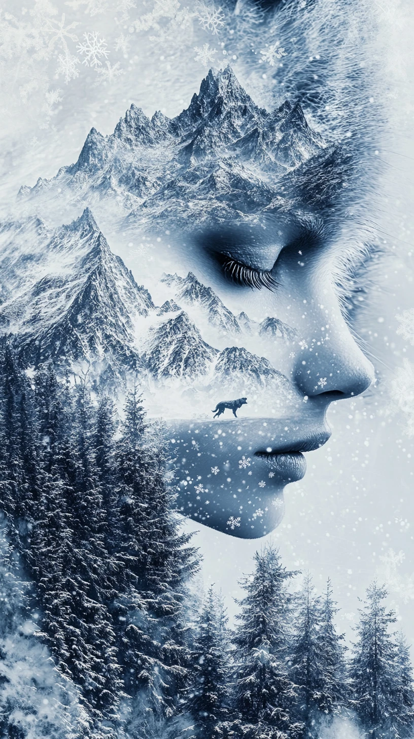 Pelaje de Lobo Convirtiéndose en Nieve en un Retrato Surrealista de Montaña