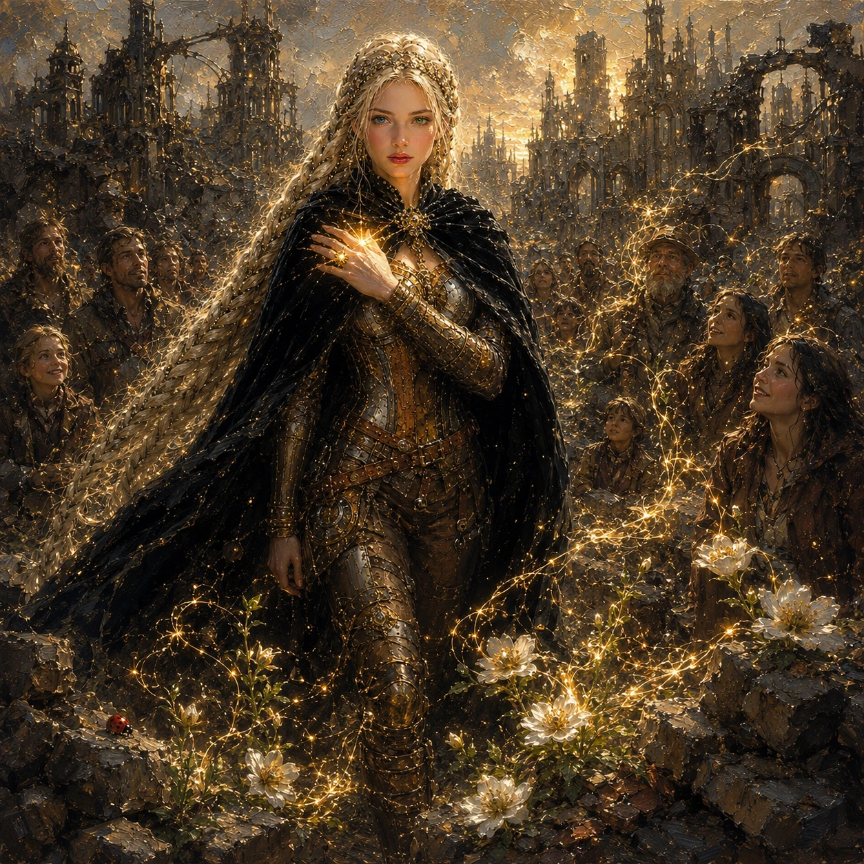 Donna con anello magico che cammina in una città fantasy in rovina