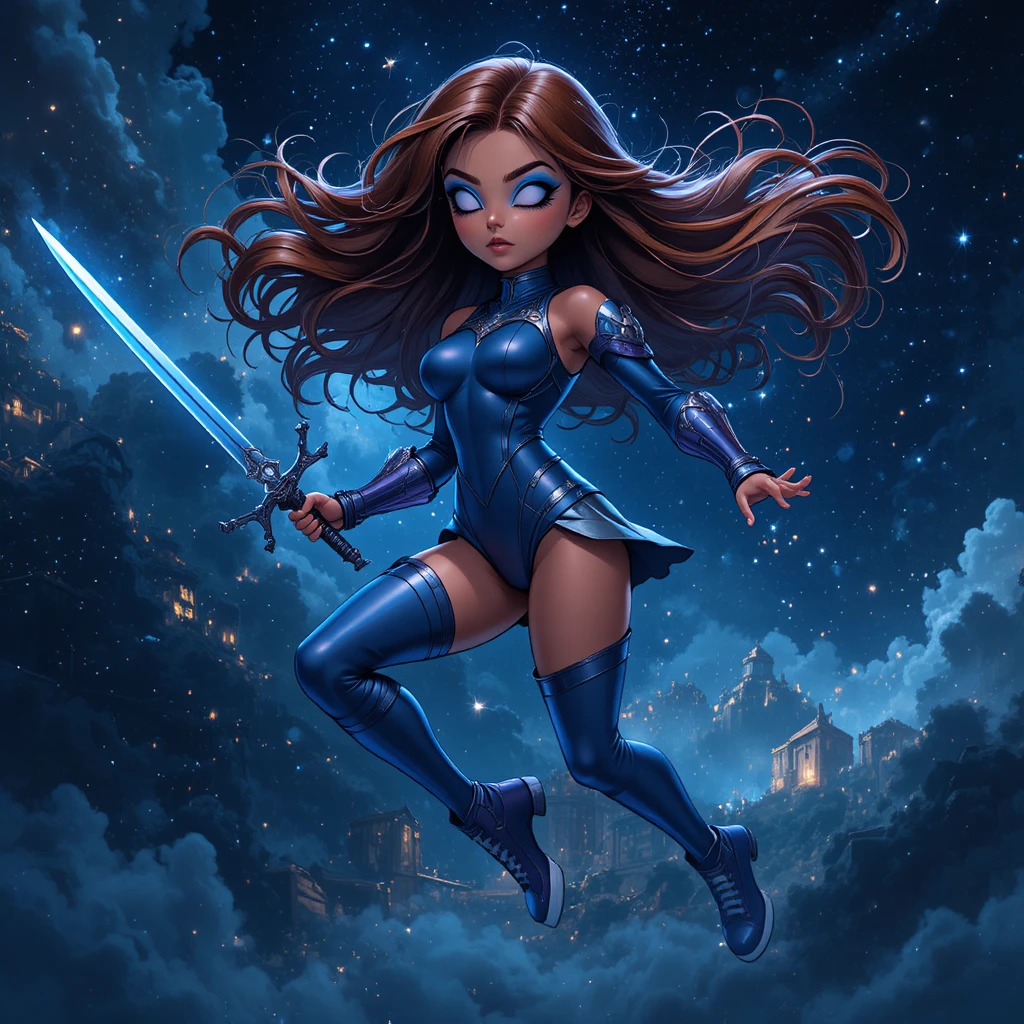 Mystical girl warrior floating in space with sword