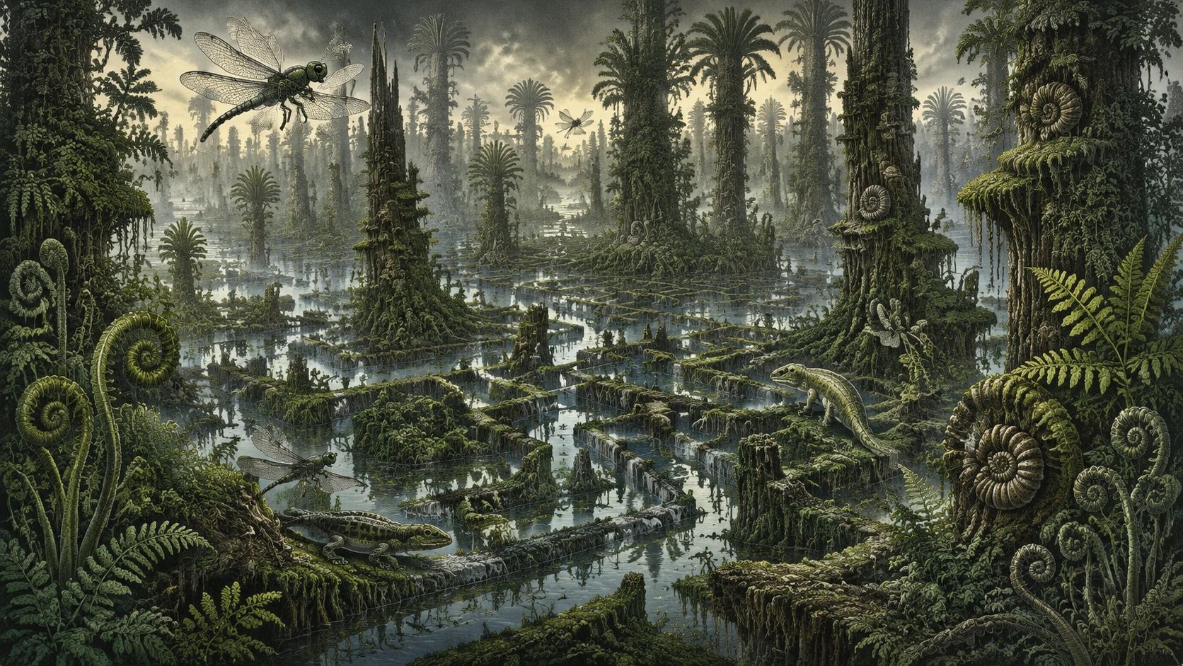 Towering Moss Forest Above Misty Wetland Labyrinth