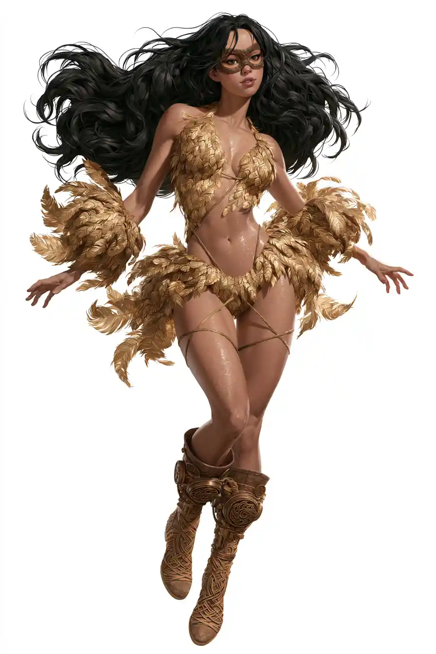 Superheroína emplumada flotando en una pose poderosa