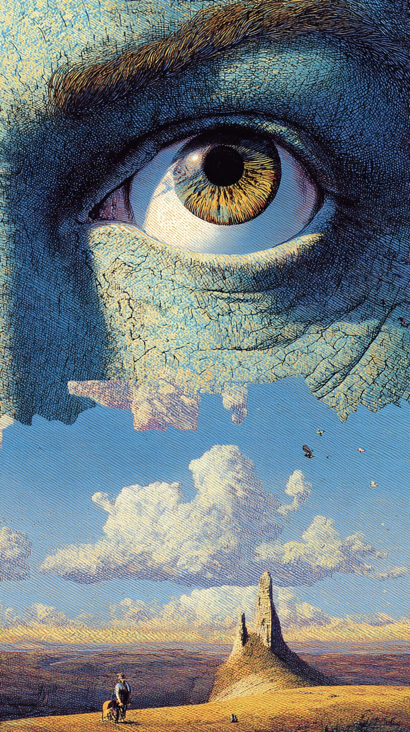 Escena de fantasía surrealista vista desde arriba en colores vivos