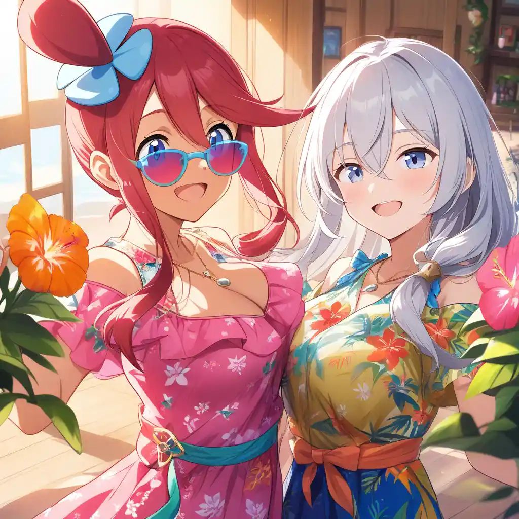 花柄ドレスにピンクのサングラスをかけた2人のアニメ少女