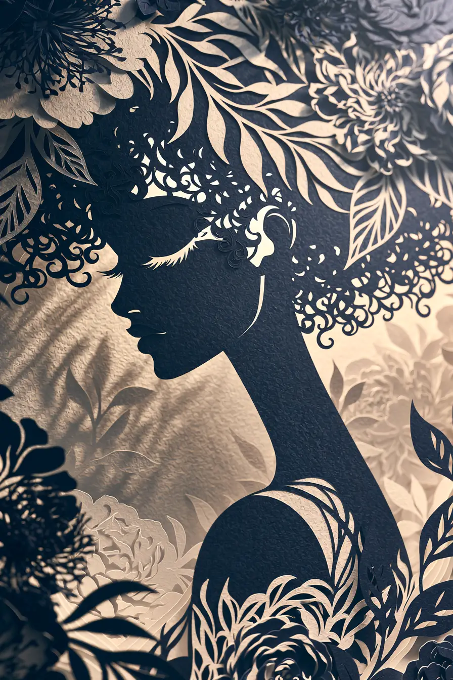 Papercut shadow box of a woman with layered flowers