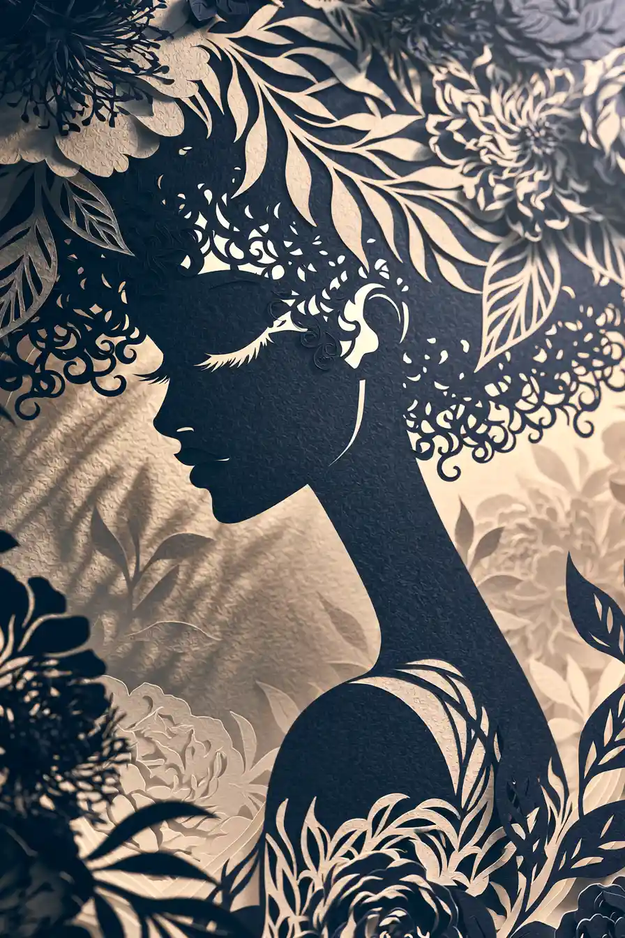Papercut shadow box of a woman with layered flowers