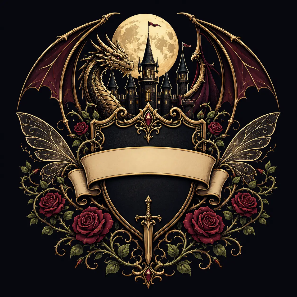 Fantasie-Wappen mit Drachenburg und Mond