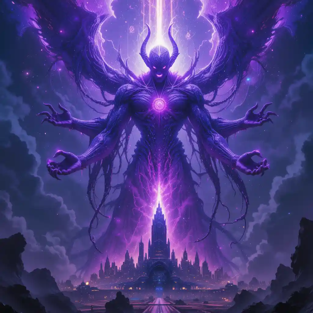 Cosmic god towering above a futuristic sci fi city
