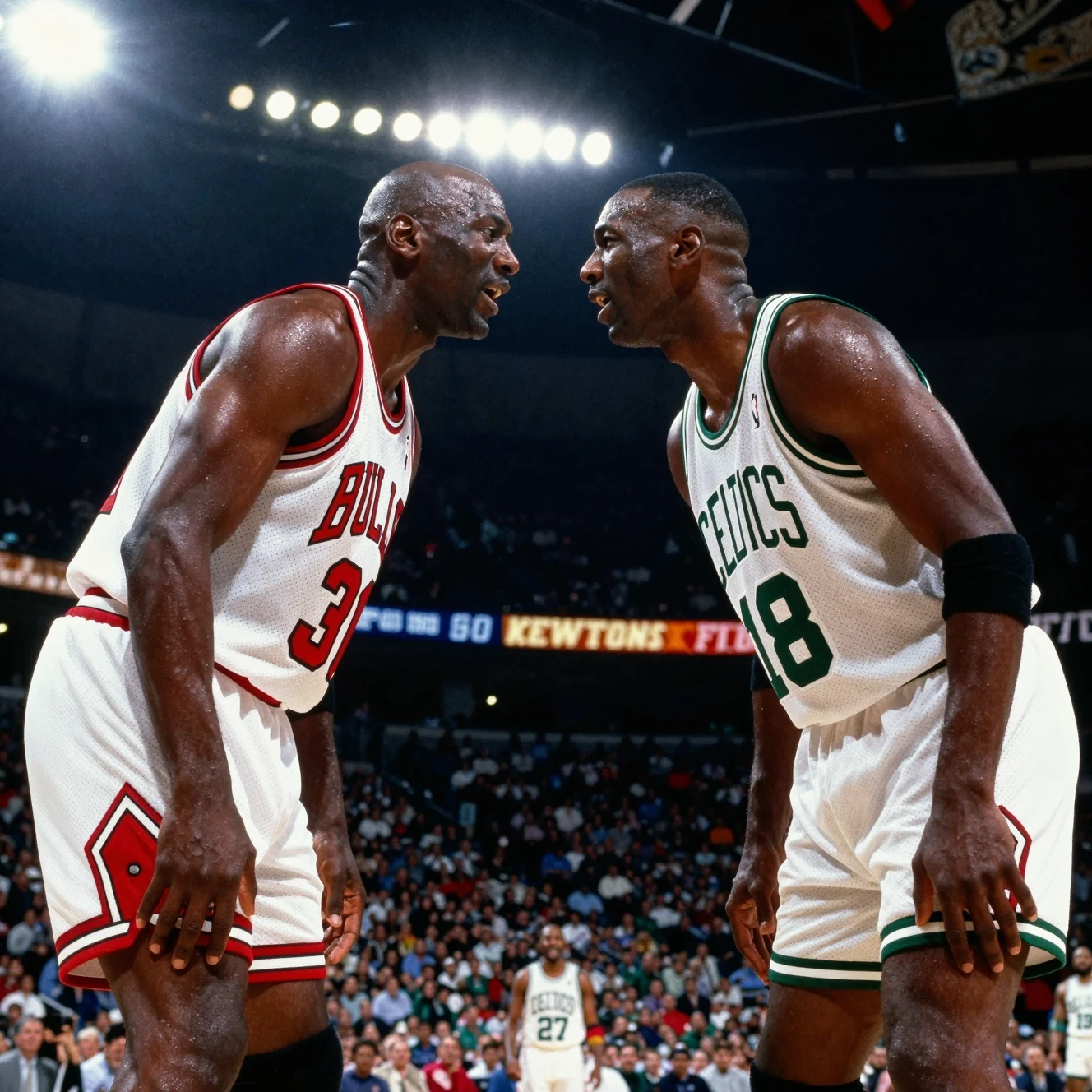Basketball legends face off at center court in packed arena