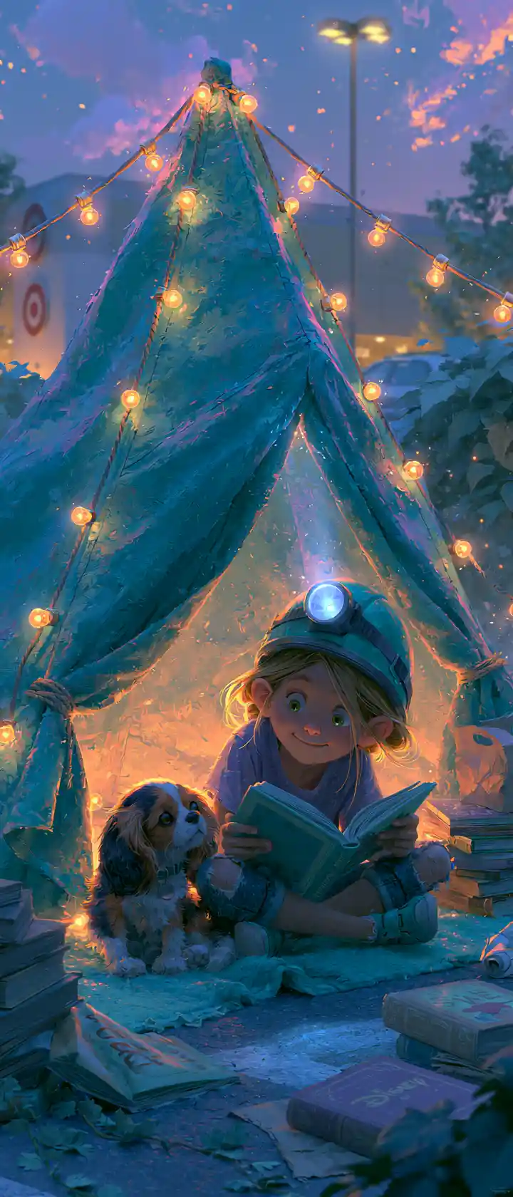 Cute girl camping with her cat outside a store