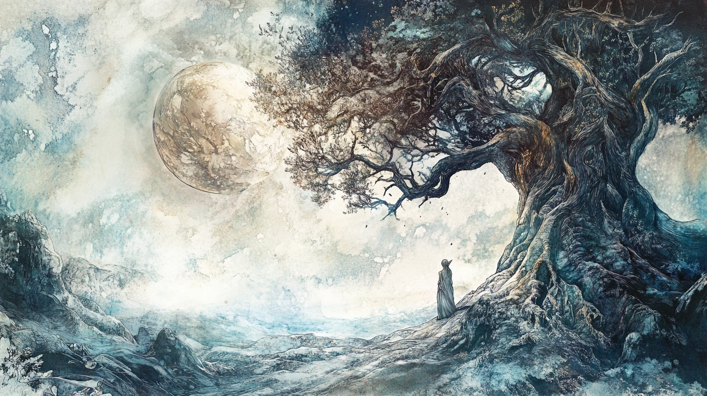 Elfo entre un árbol ancestral en un mundo onírico de medios mixtos