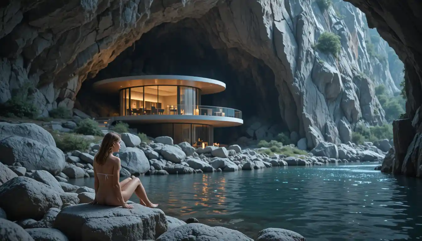 Donna in bikini presso una casa grotta sul fiume al crepuscolo