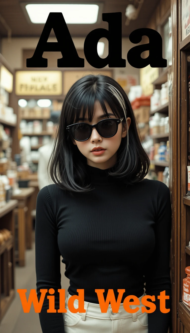 Joven con gafas de sol en una tienda general del oeste de estilo vintage