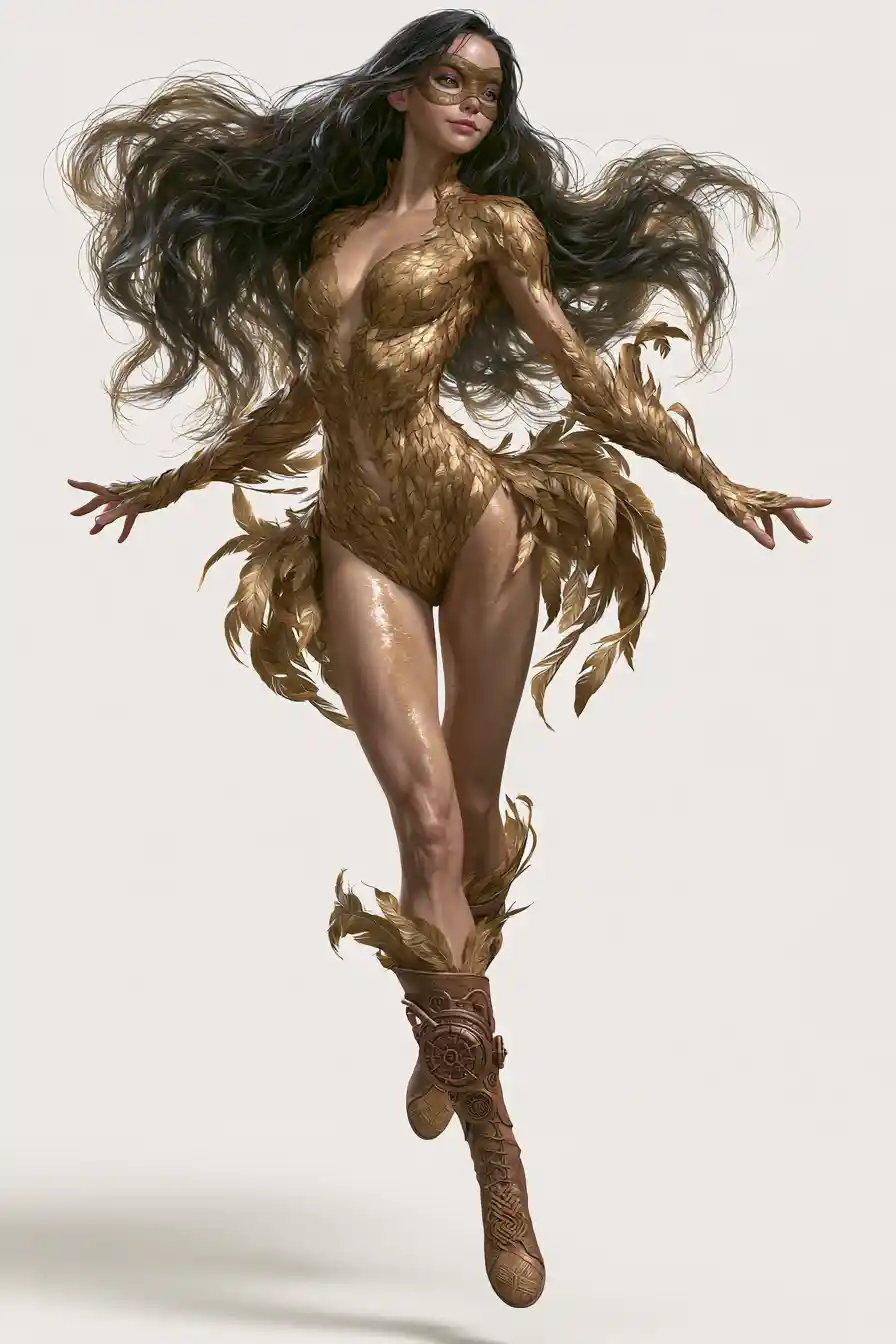Powerful feathered superhero woman floating in mid air