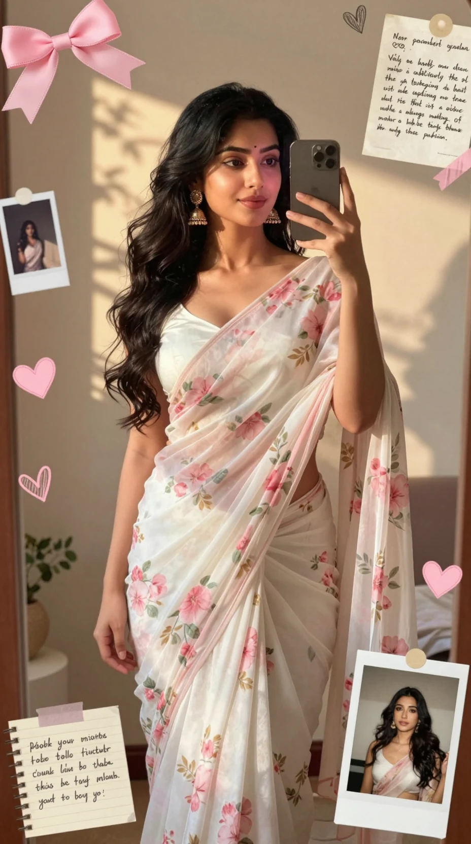 Chica india haciéndose selfie en el espejo con un sari de gasa floral