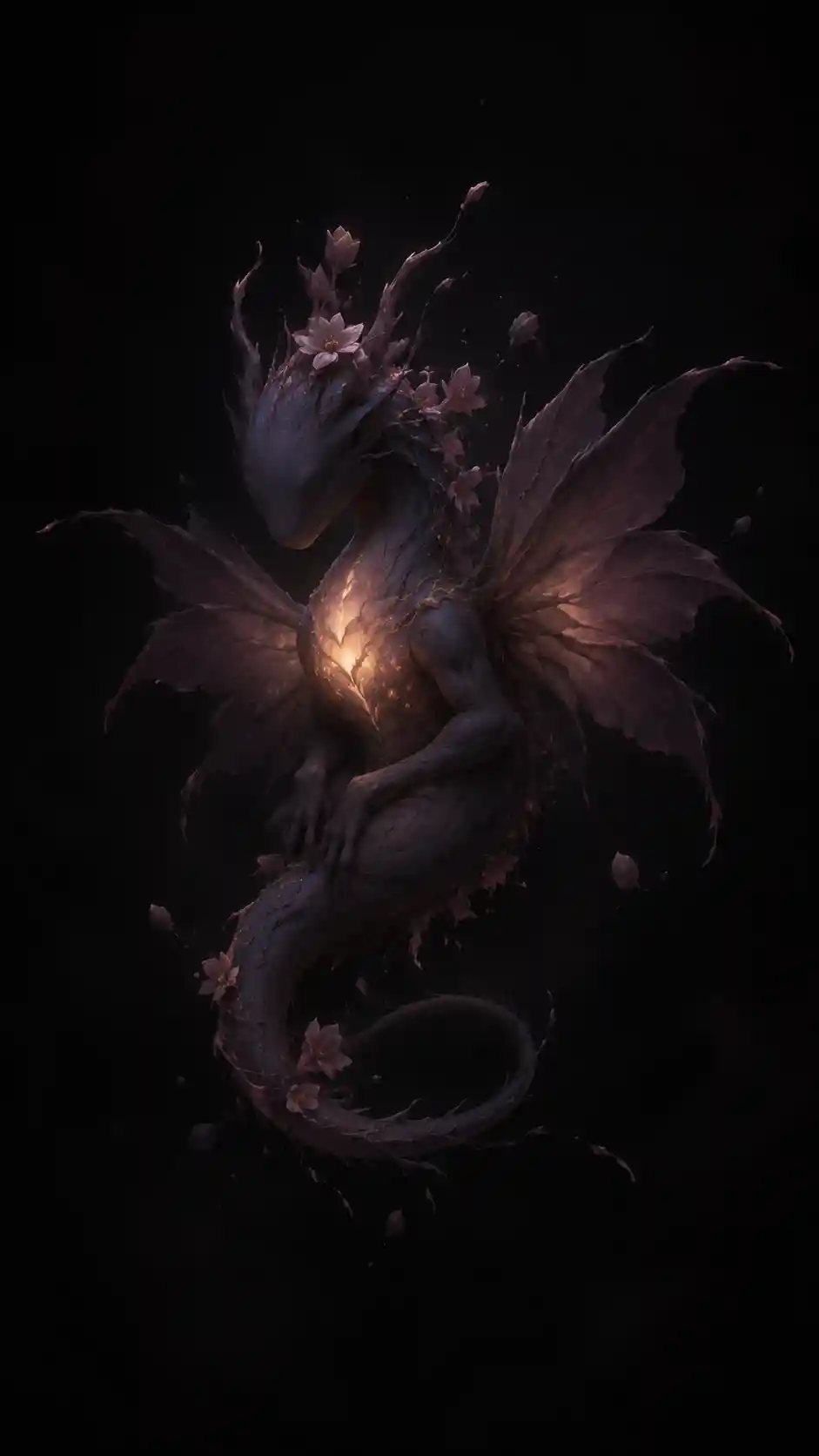Petit dragon sans yeux au torse lumineux dans le vide obscur