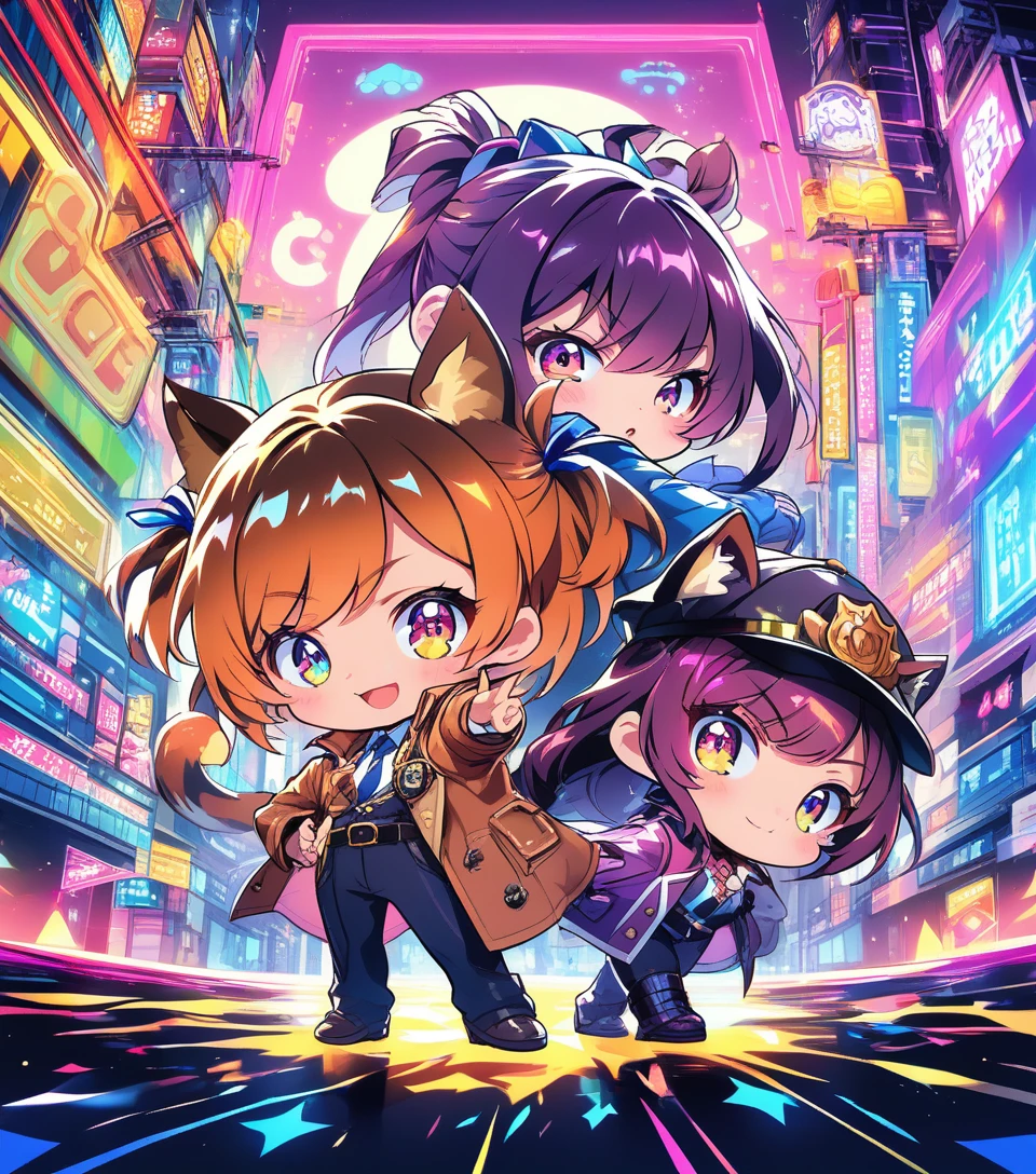 Chibi cat cop and dog detective girls in neon city