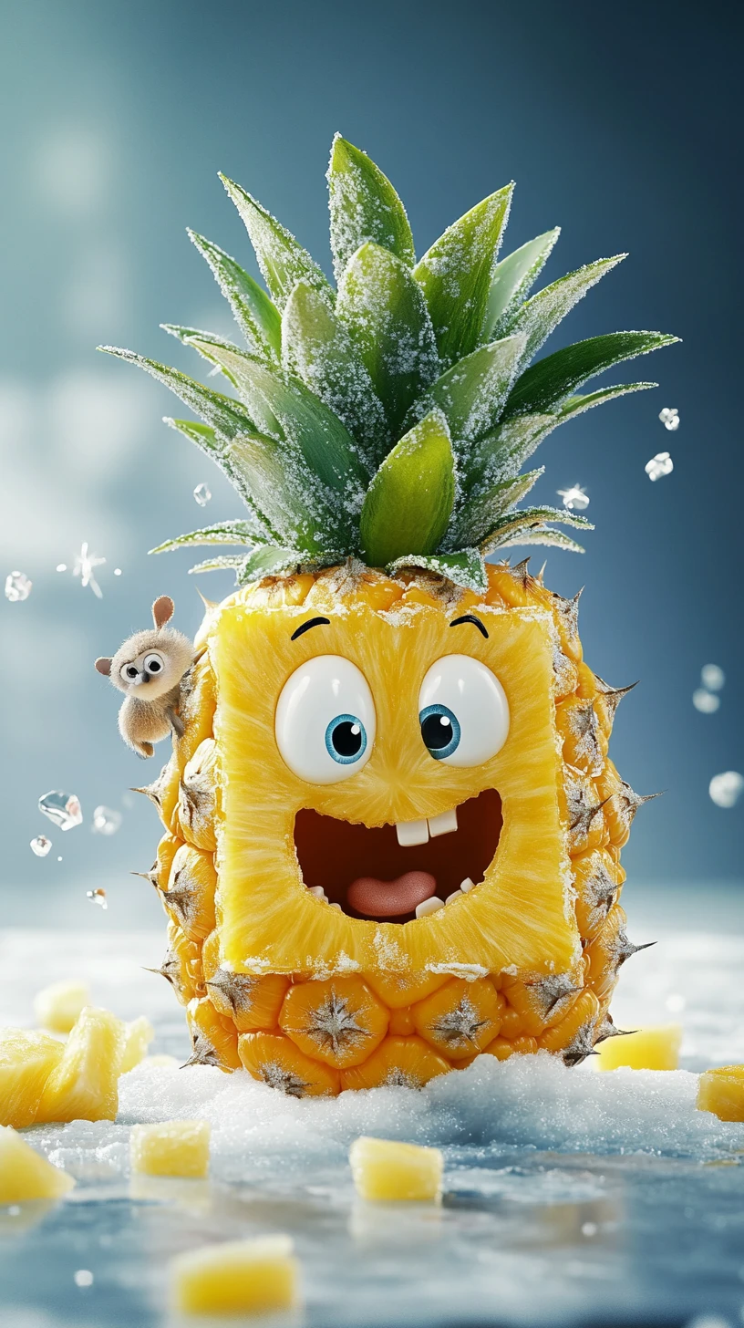 Tiernos osos polares de caricatura picando una piña fría