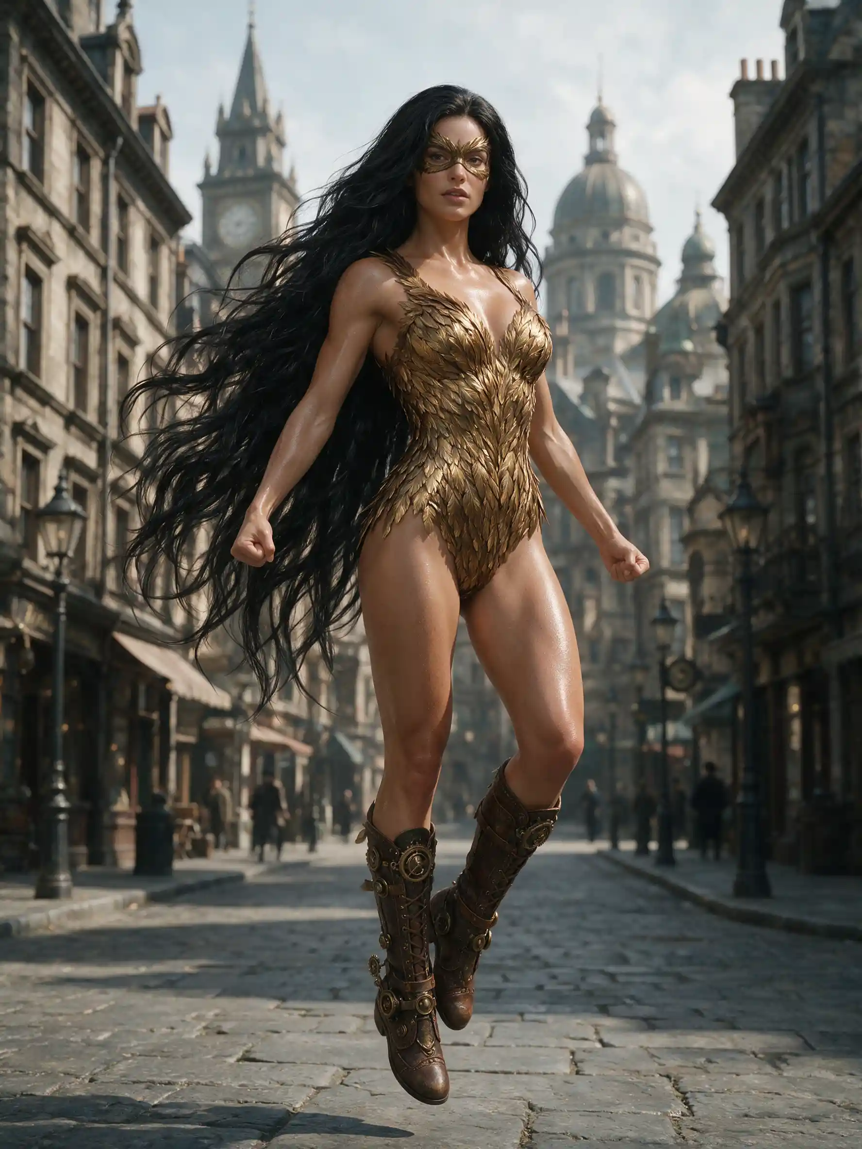 Floating feathered superhero woman in a powerful pose