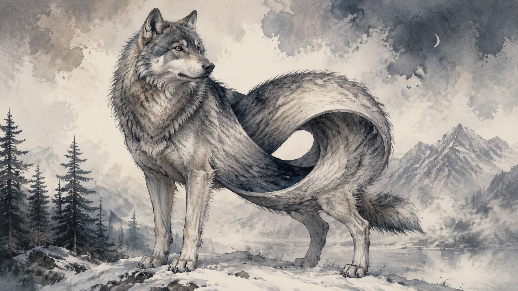 Lobo majestuoso que se transforma sutilmente en una forma de Möbius