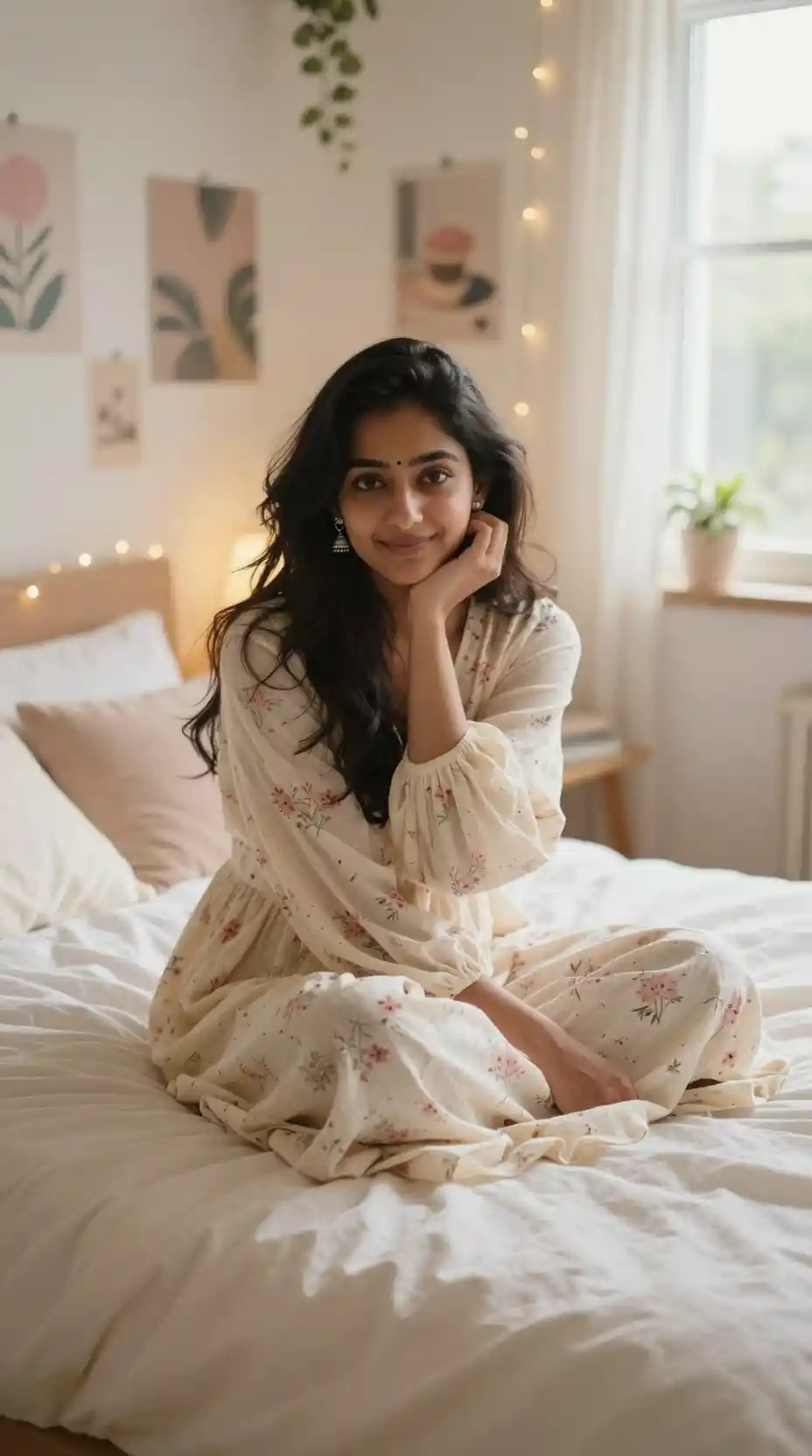 Retrato suave de una chica india en una cama acogedora