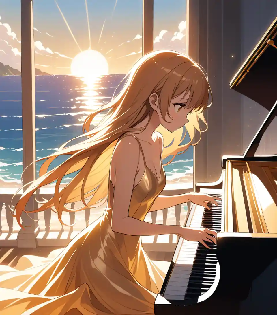 Serene anime girl playing white piano at golden sunset terrace