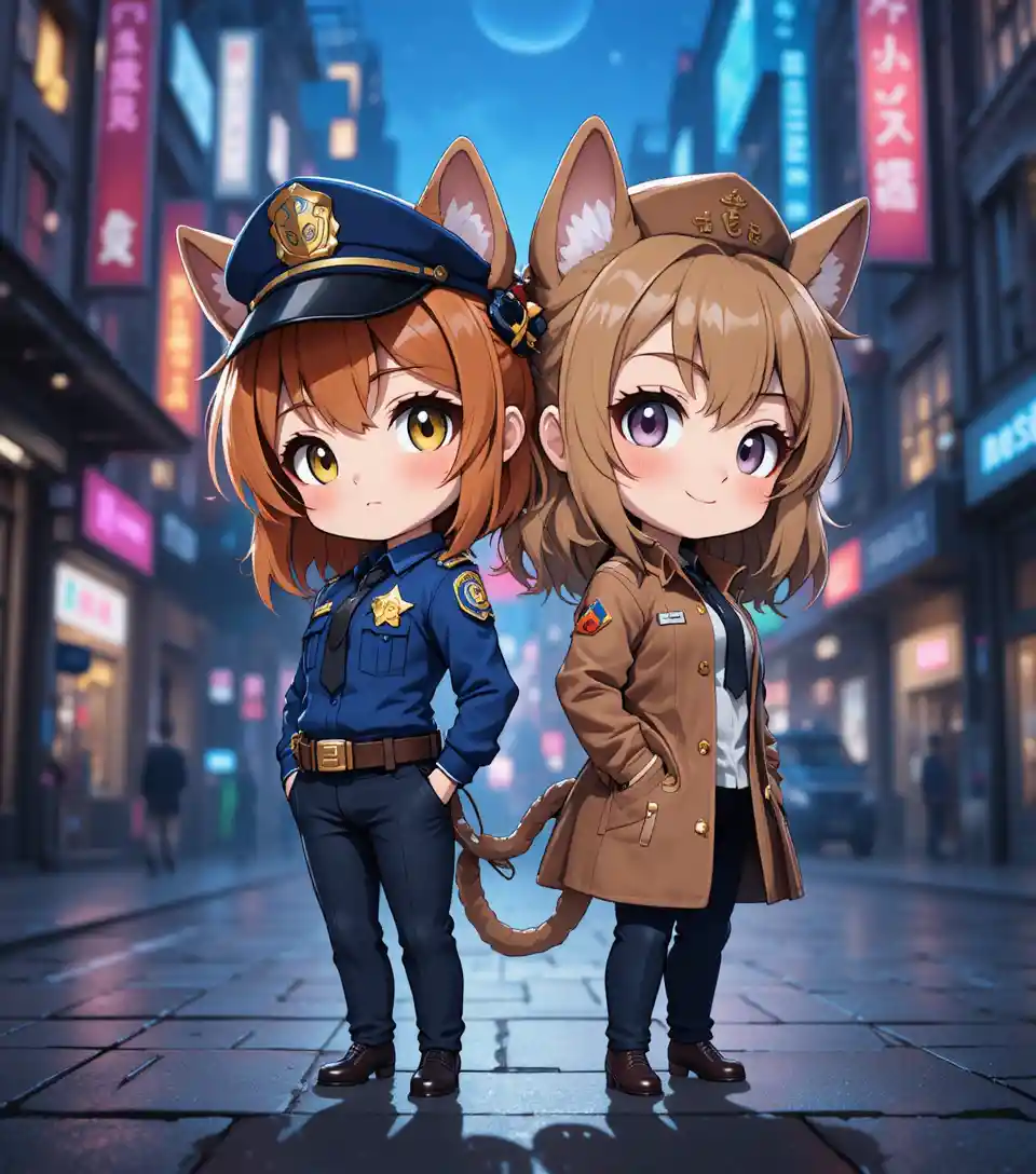 Chica policía gata chibi y perro detective en la ciudad neón