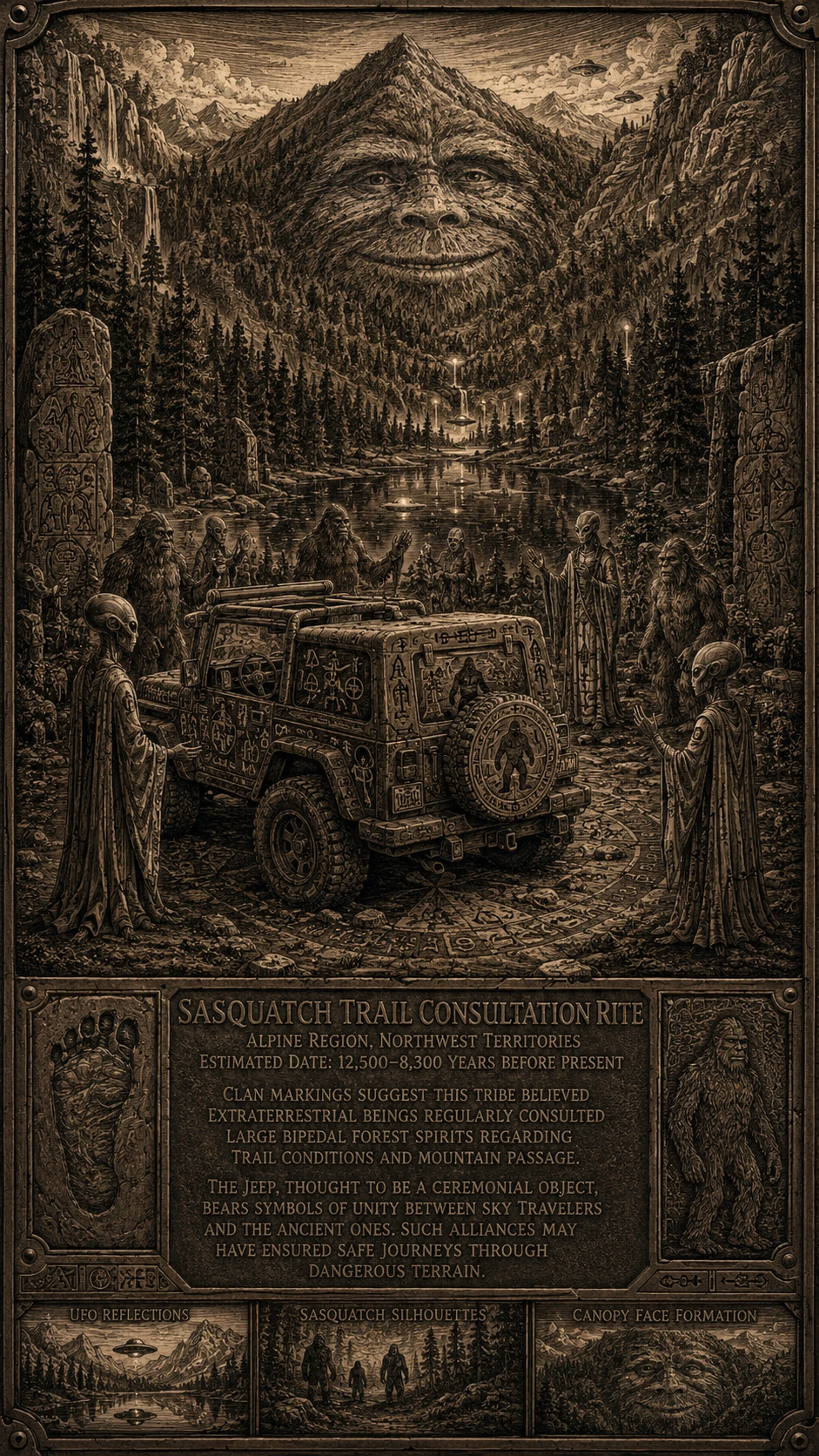 Jeep fosilizado en un bosque alpino místico – grabado