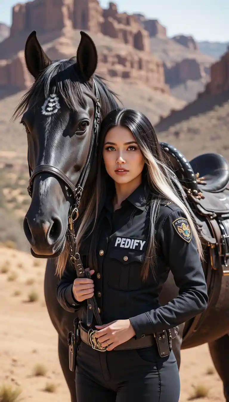 Mujer alguacil con caballo negro en un cañón del desierto