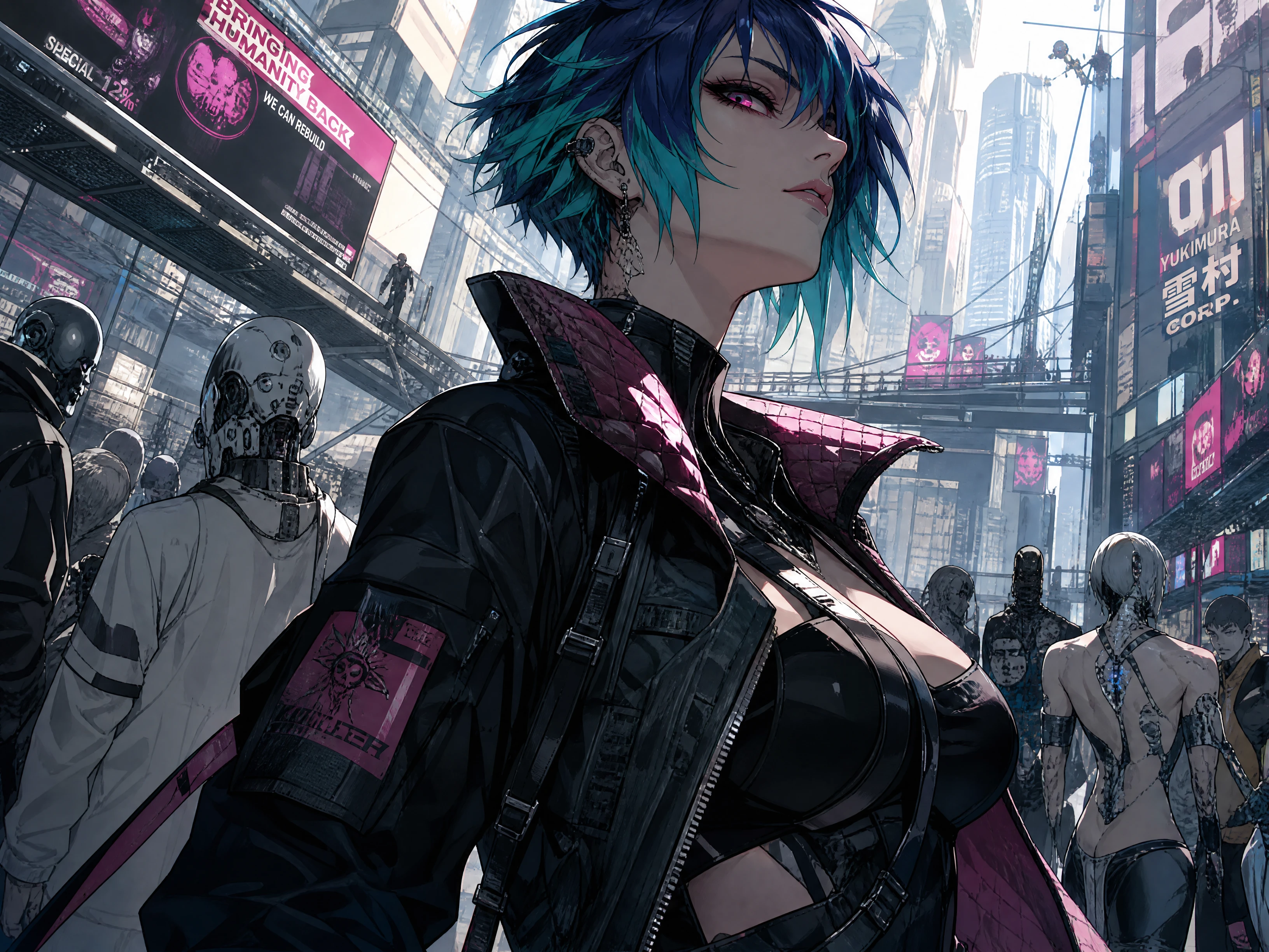 Mujer ciberpunk segura de sí misma en una calle de ciudad futurista