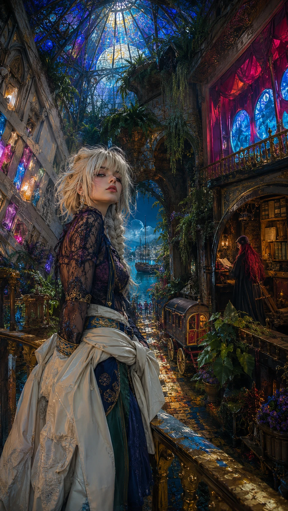 Mujer de moda gótica en un balcón de catedral surrealista