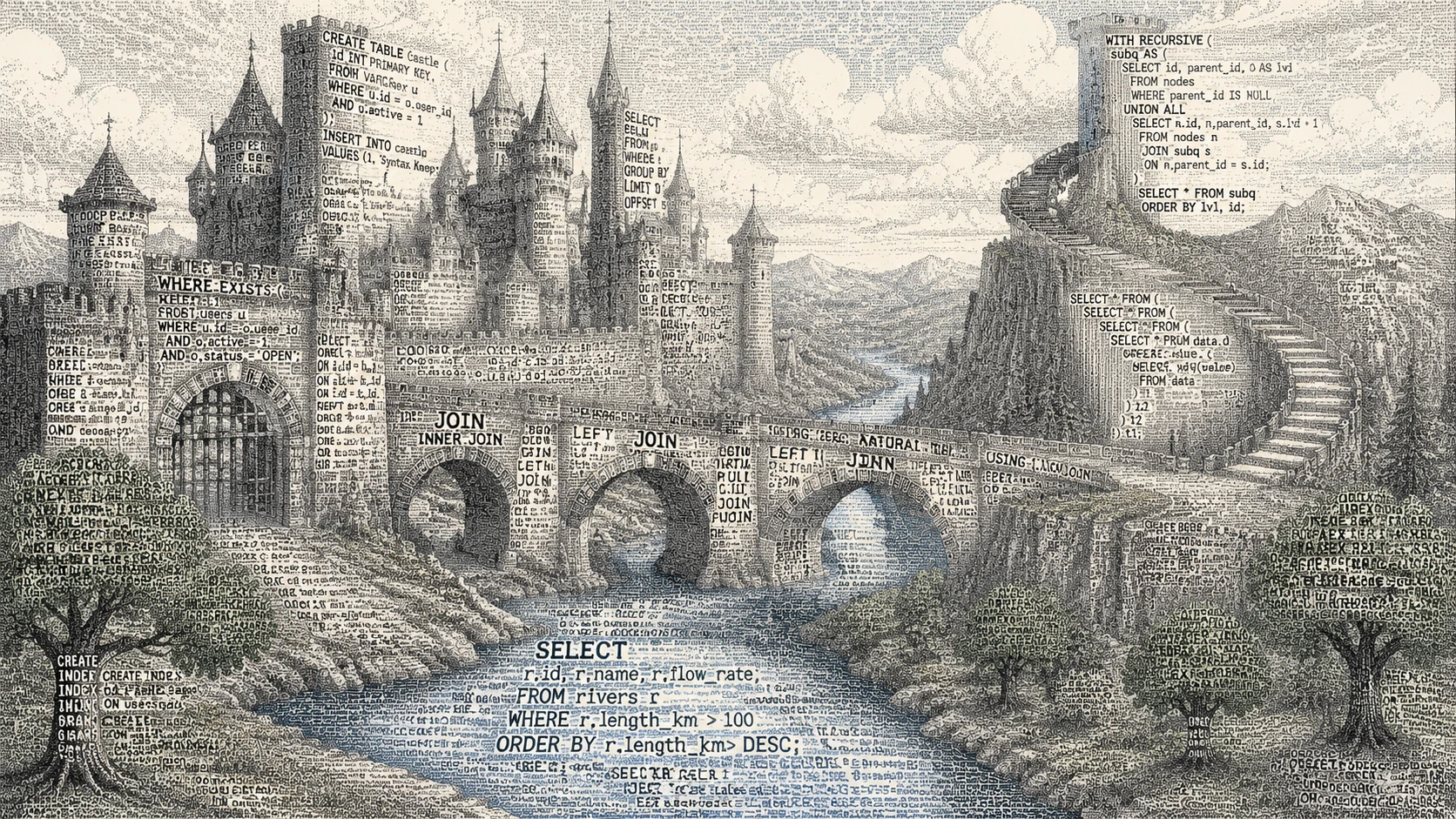 Castillo de fantasía construido con una arquitectura de comandos SQL fluida
