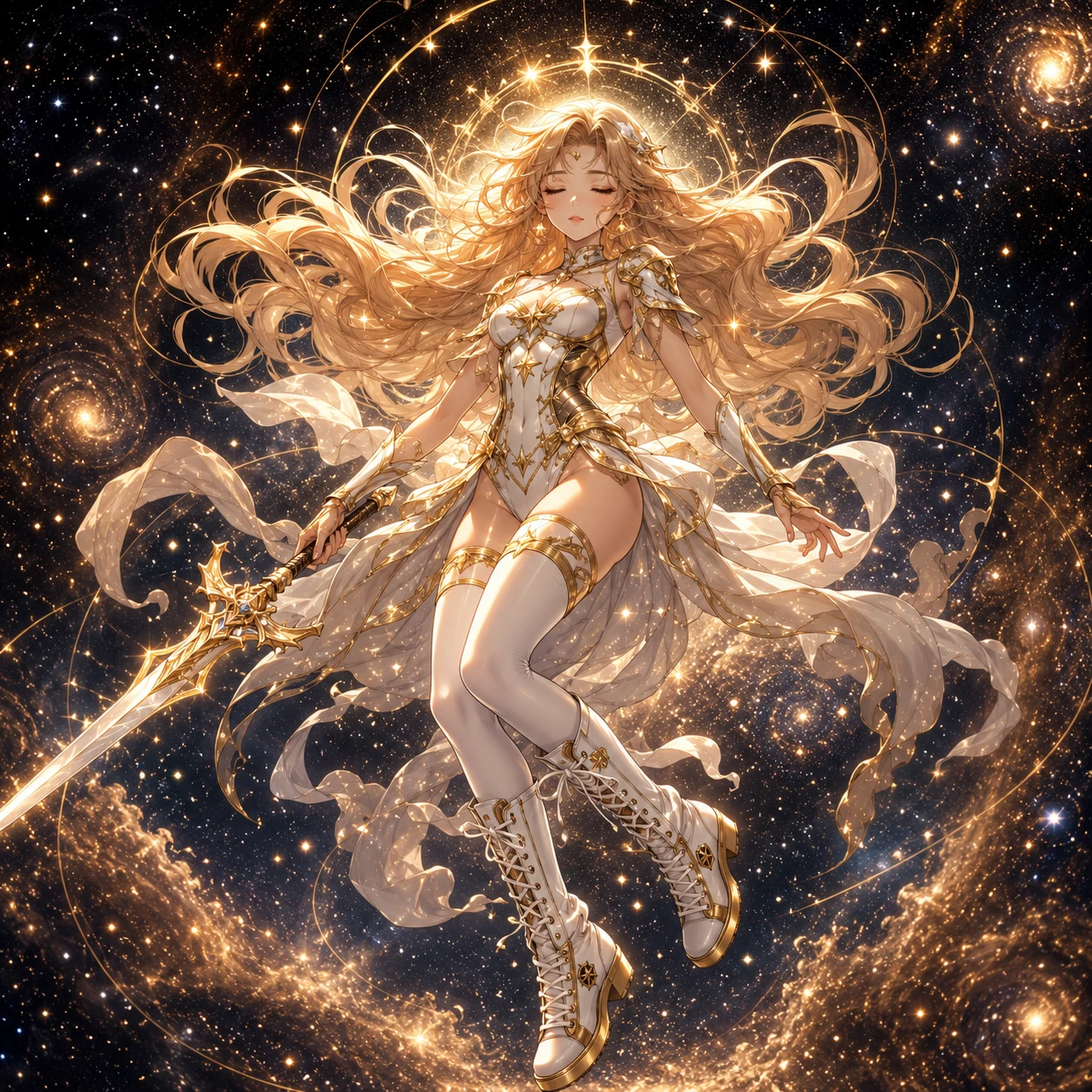 黄金の鎧をまとい宇宙に浮かぶ神秘的な女戦士