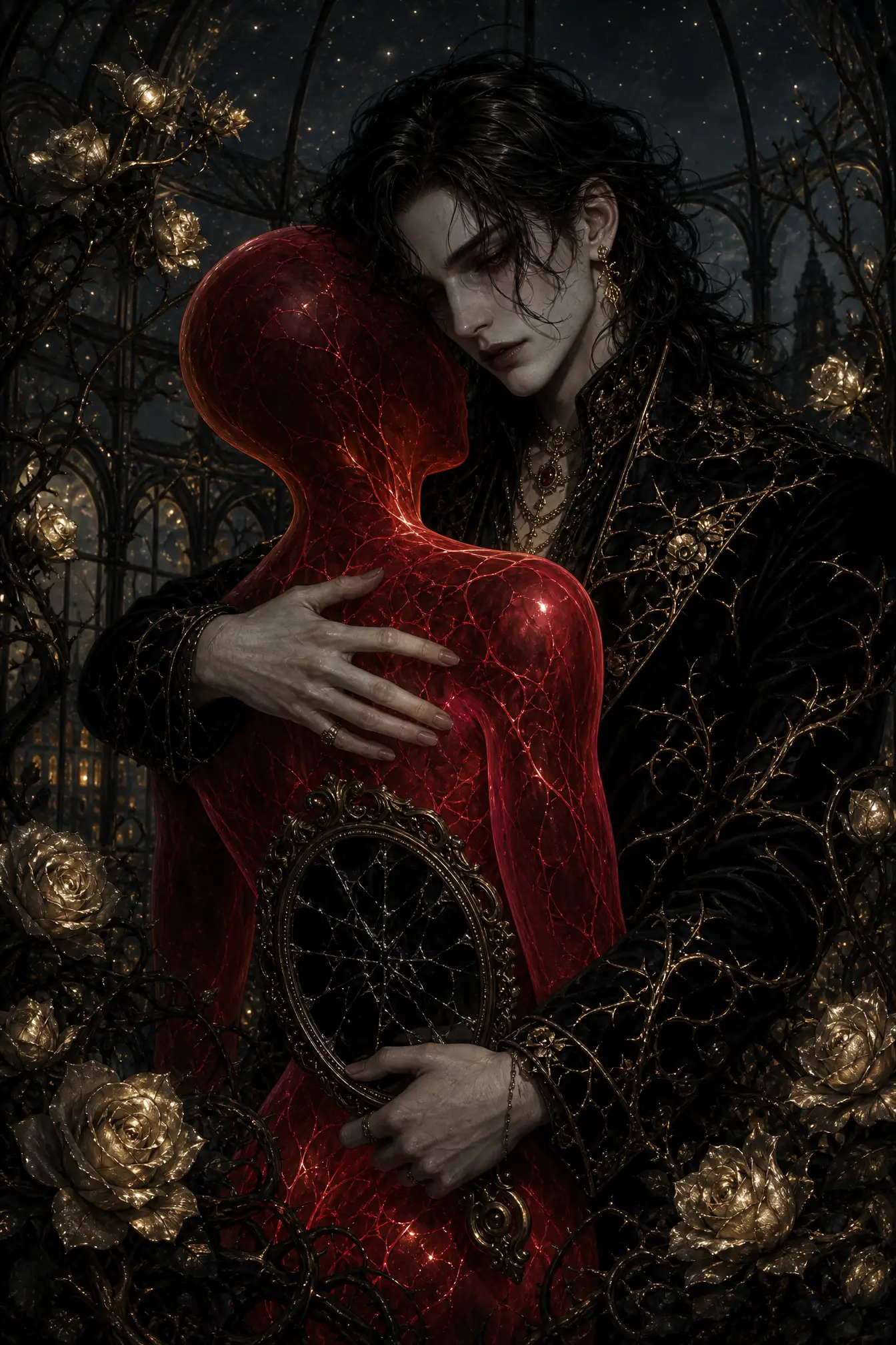 Gothic aristocrat embracing a glowing crimson figure