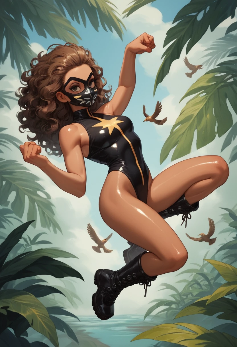 Floating feathered superhero woman in rainforest clearing
