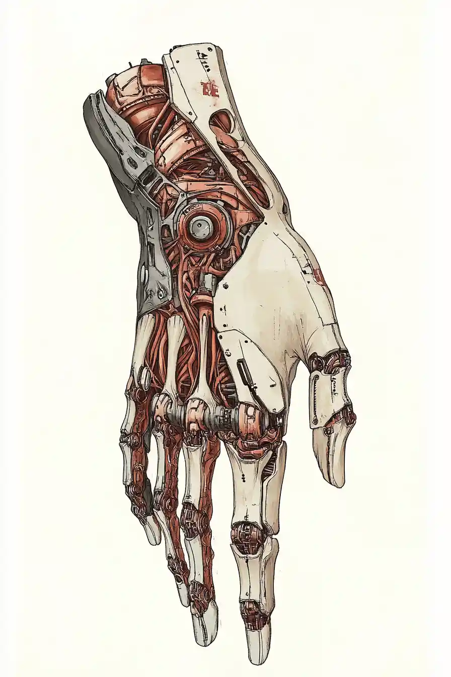 Anatomical cutaway of a cybernetic forearm revealing human anatomy