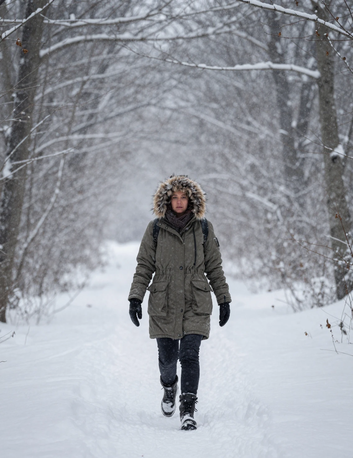 Mujer caminando por la nieve profunda en un bosque invernal